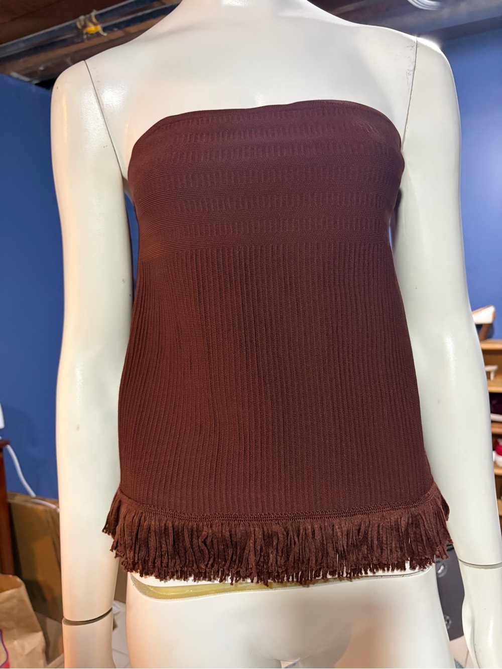 New Express Women’s Burgundy Knit Tube Top Tassel Fringe Hem  Size S. NWT